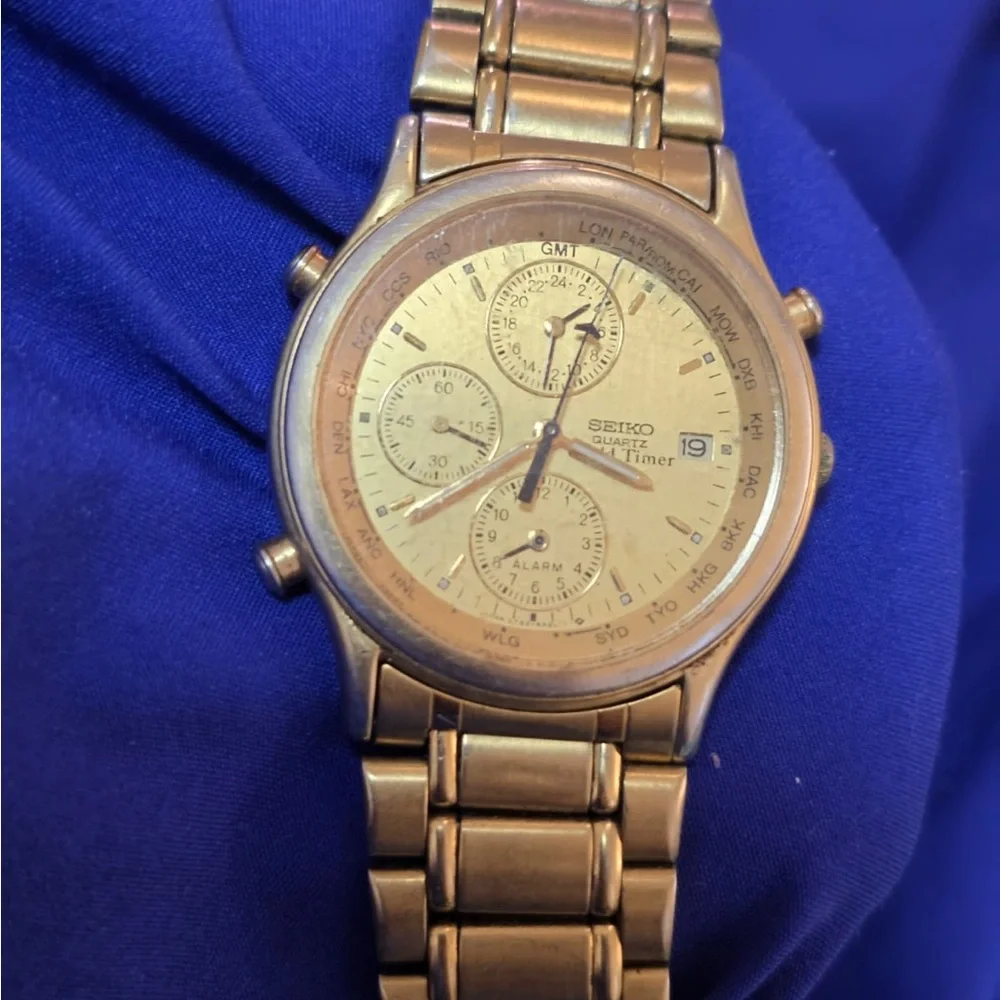 Seiko World Time Gold Tone Mens Watch For Parts Or Repair 7T52-6A29